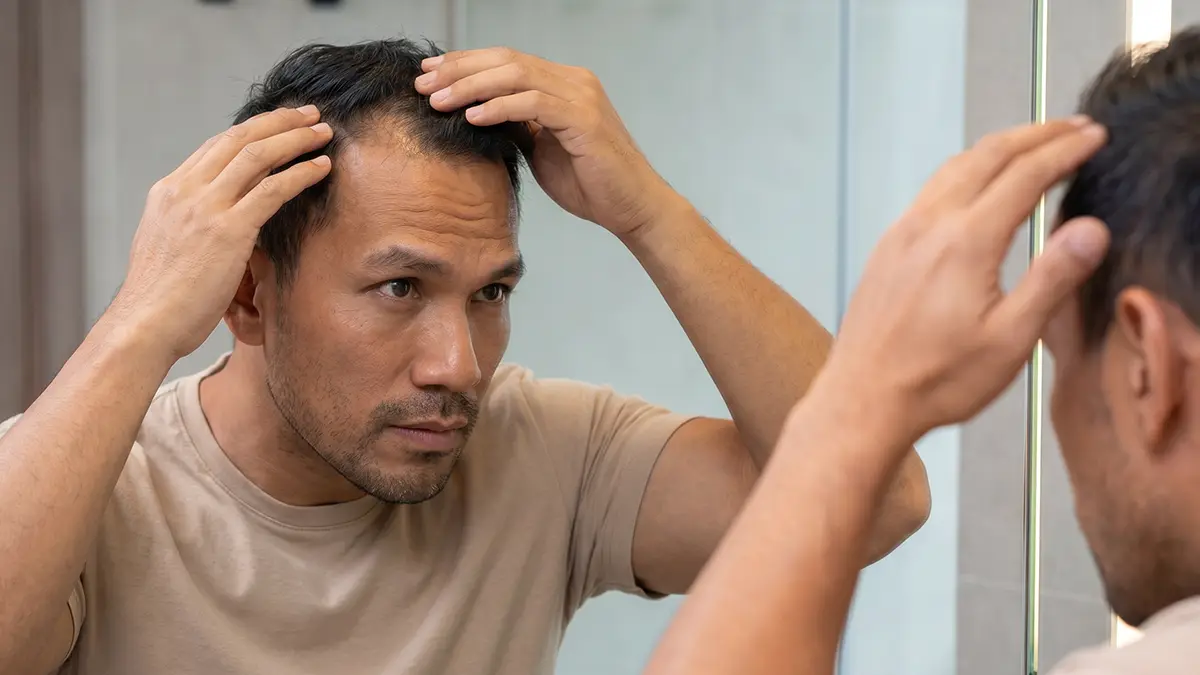 Middle-aged Filipino man worried about alopecia combing his hair while looking at his hair with a hand mirror.