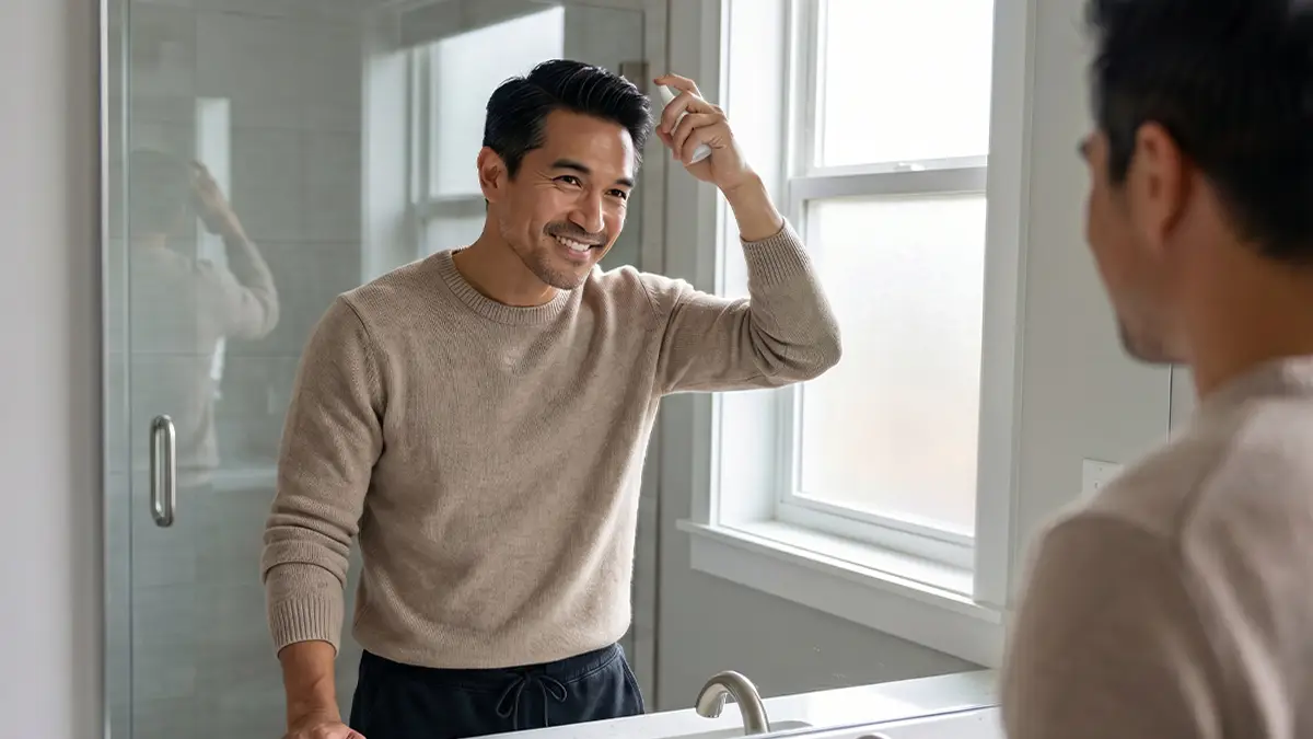 Man styling fuller hair in the mirror.