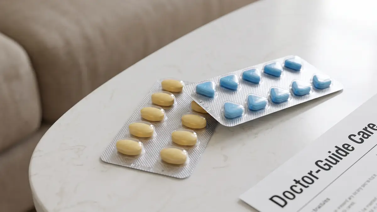 Doctor-guided care visual beside supplement bottles.