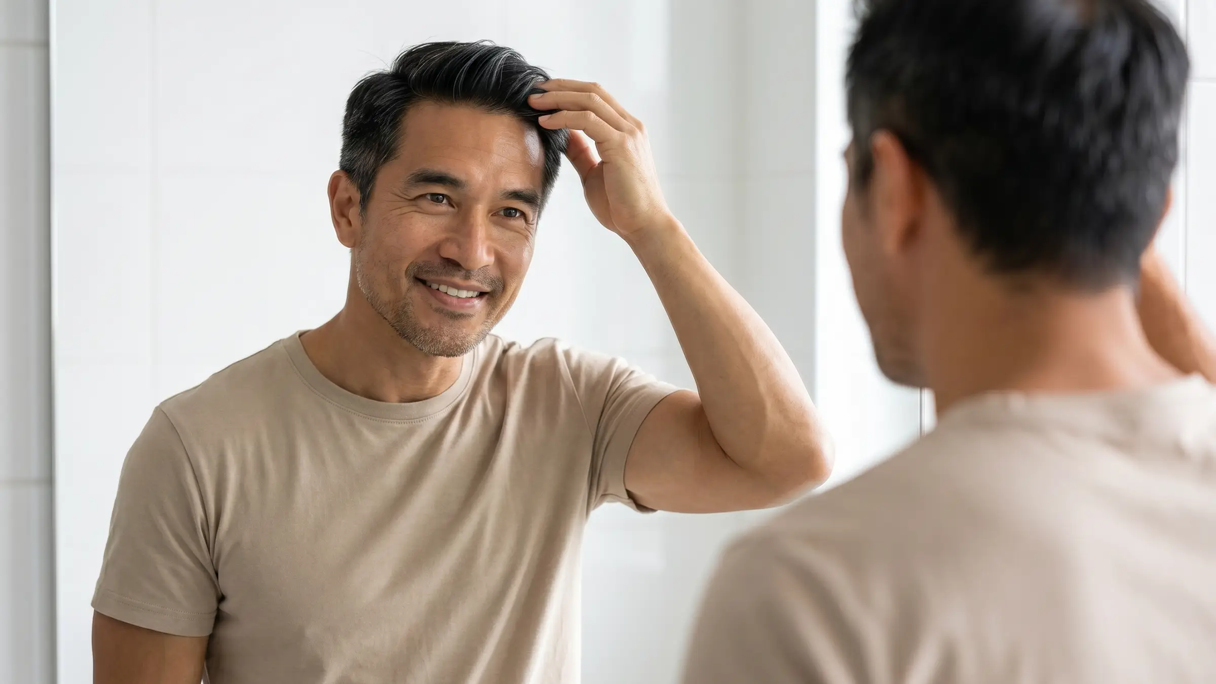 Man applying hair product in front of a mirror.