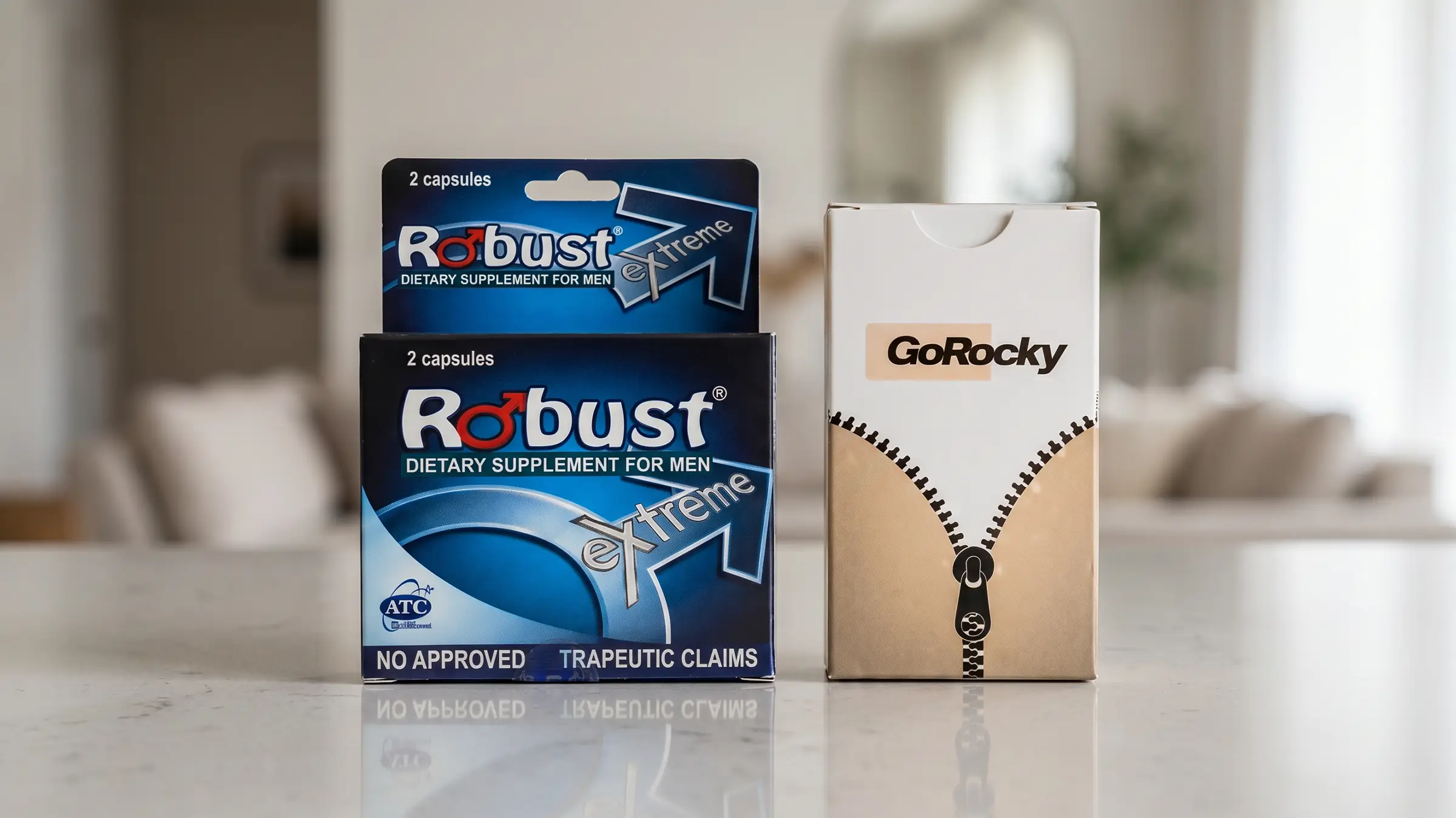 Robust capsule dietary supplement versus GoRocky's treatments, featuring the packaging box for Robust and the packaging sleeve for GoRocky