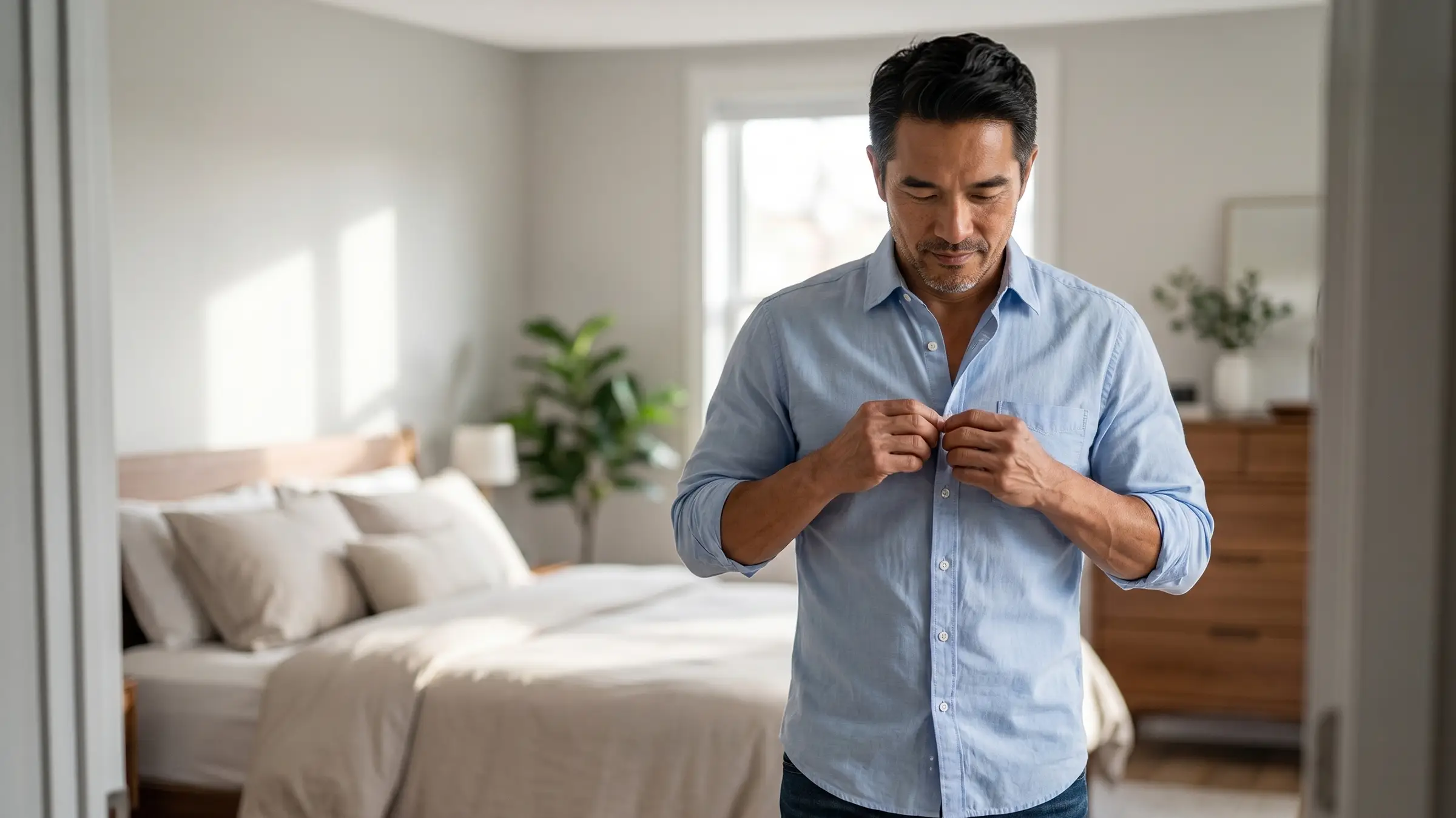 Man fixing his shirt before going out.