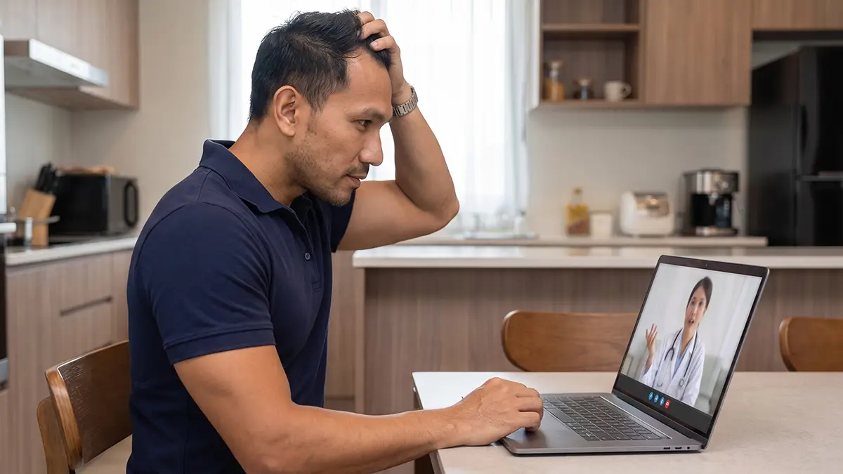 Man consulting a doctor about thinning hair.