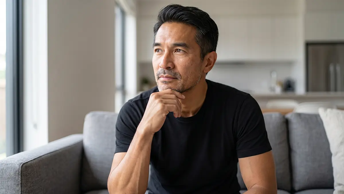 Man looking thoughtful before a date night.
