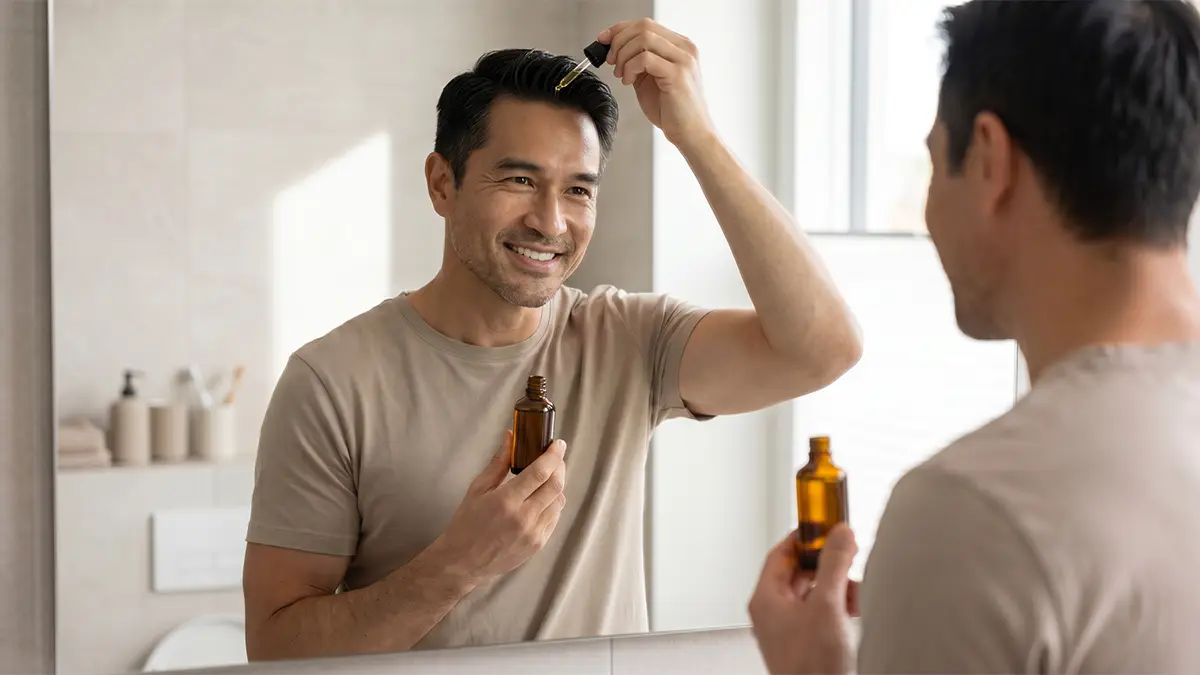 Man applying hair serum or spray.