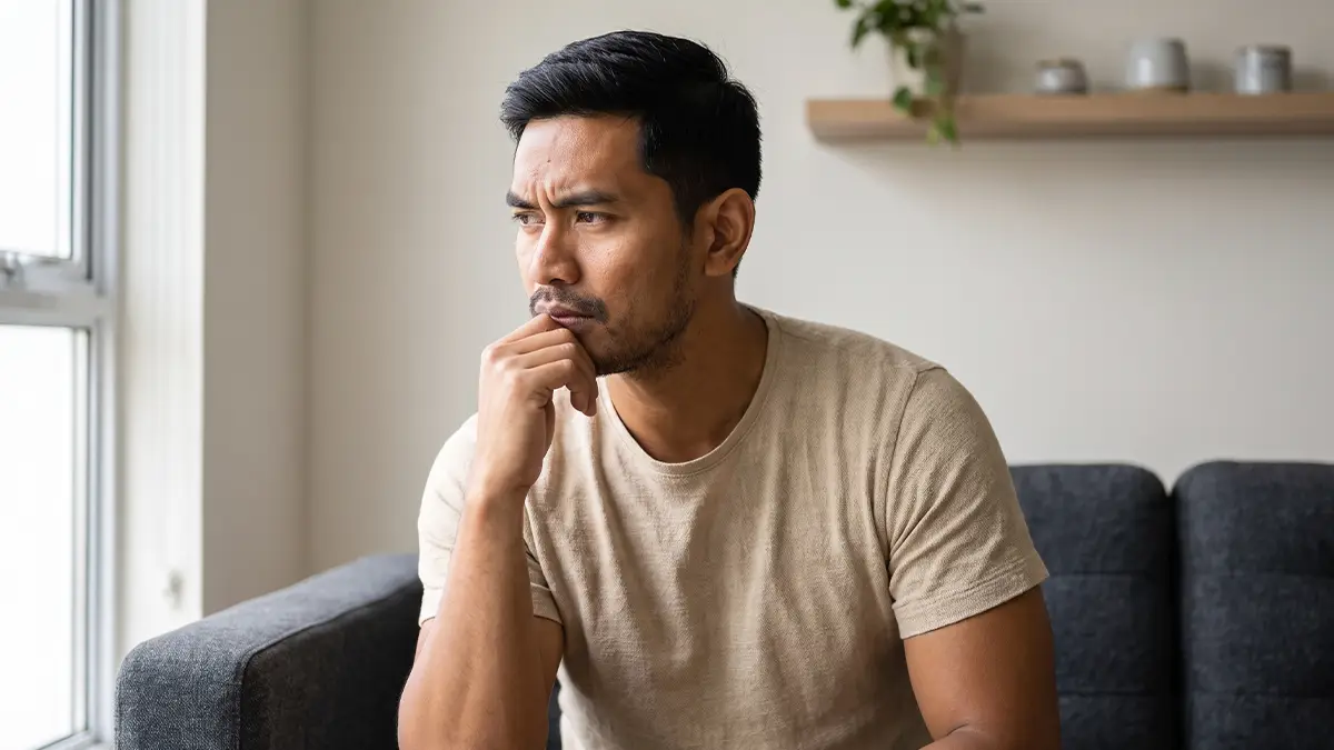 Young man sitting on a couch looking worried.