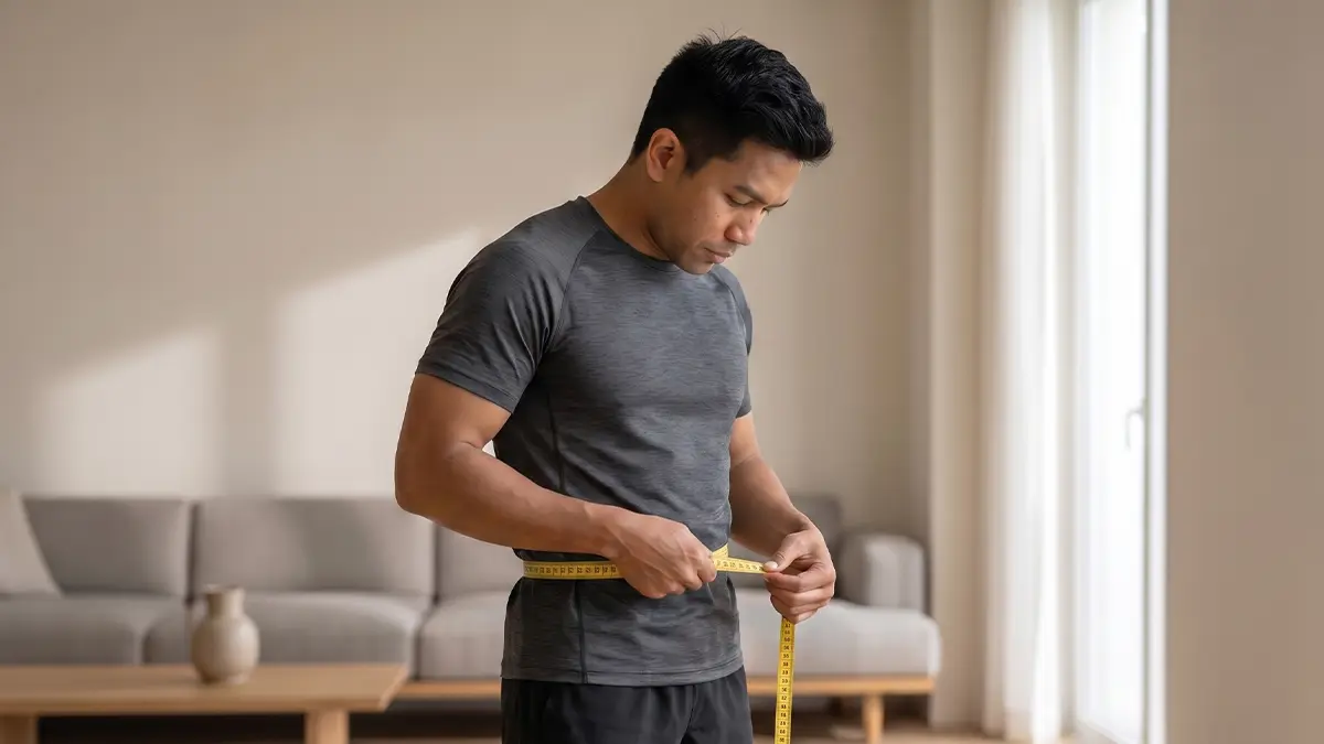 Person measuring waist with a tape measure.