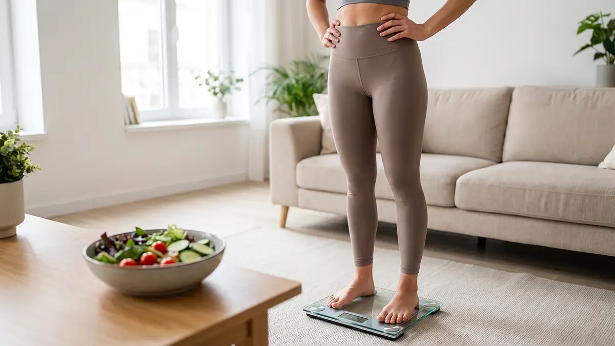 Person checking weight scale with healthy food nearby.
