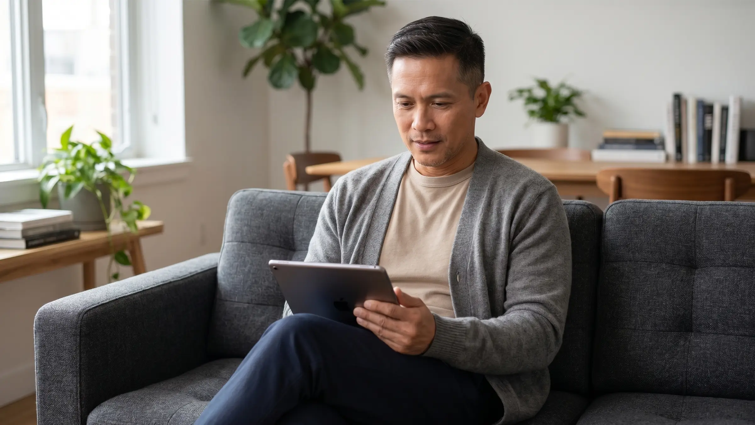 Man discreetly checking an online consultation.