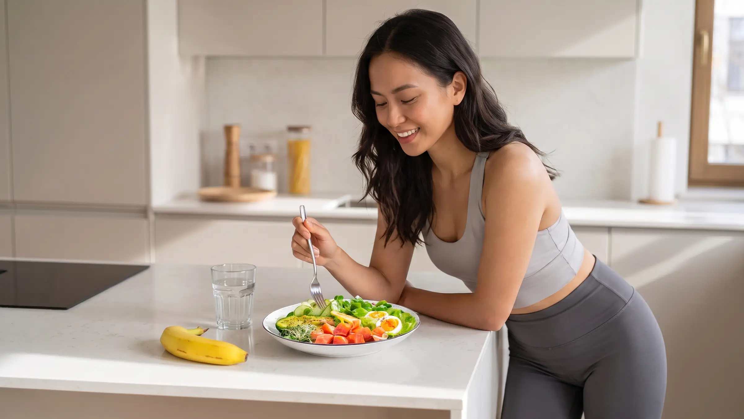 Healthy plate with protein, vegetables, and water.