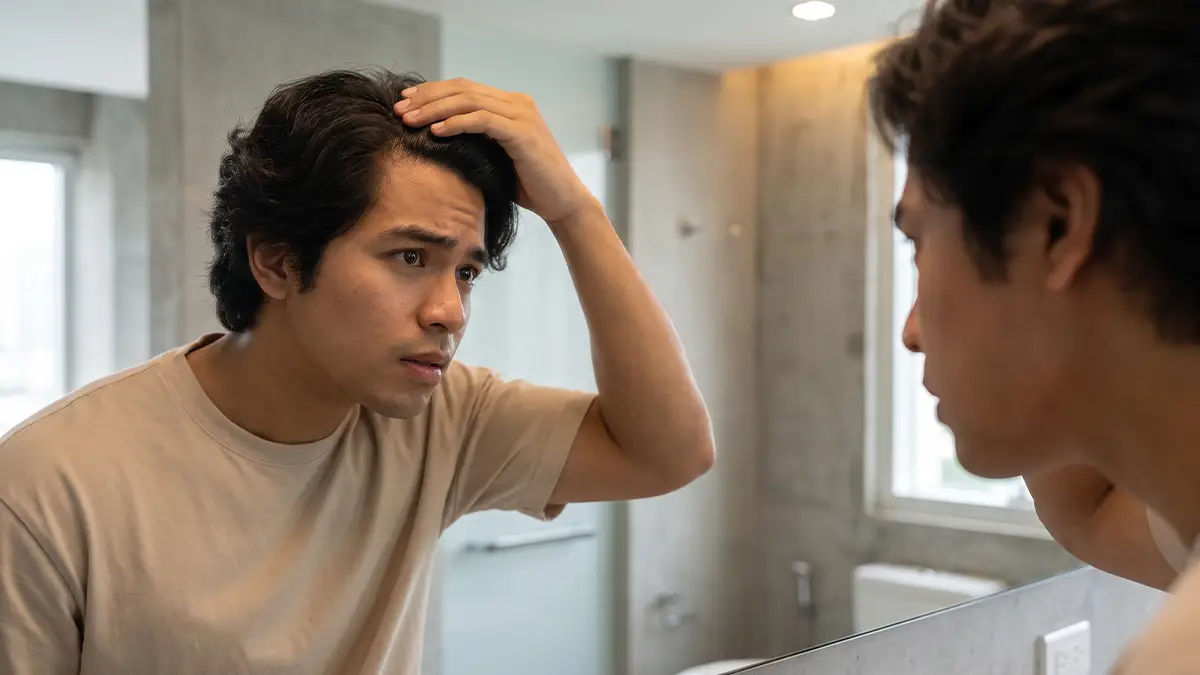A close-up of a young man with a concerned look on his face lifting his hair and examining his hairline in the mirror, looking for signs of thinning or a receding hairline.